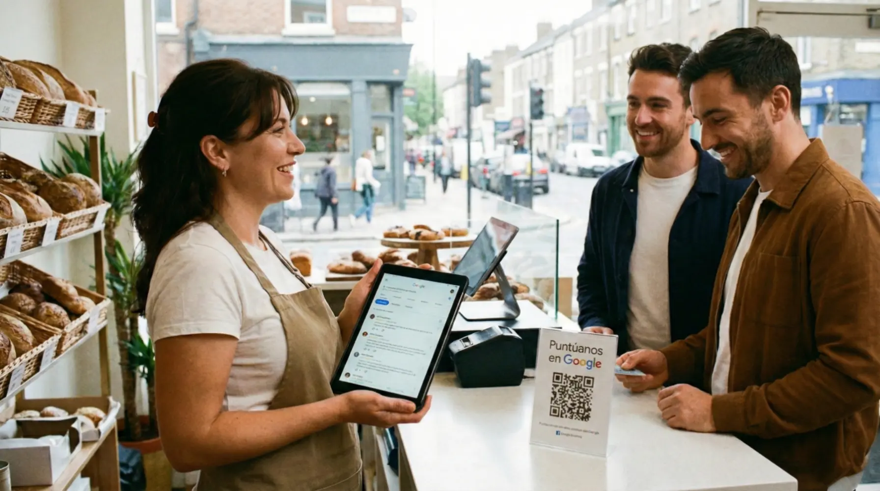 Trabajadora de panadería pidiendo reseña en Google My Business a clientes