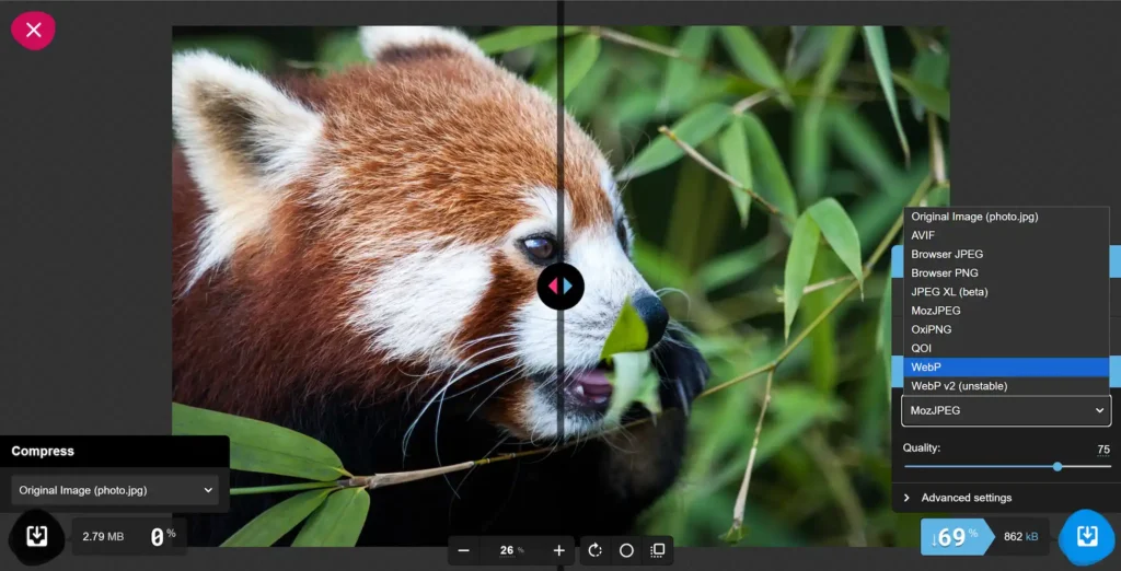 Los diferentes formatos que nos da Squoosh para la optimización de imagen en WordPress
