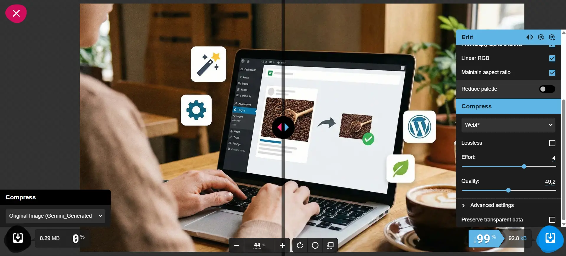 Panel de squoosh.app para optimizar imágenes en WordPress